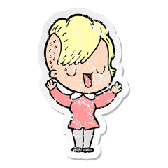 distressed sticker of a cute cartoon girl with hipster haircut