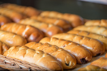 buns and pastries in a basket on the bakery shop window