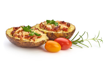 Stuffed baked potatoes with bacon and cheese, close-up, isolated on white background