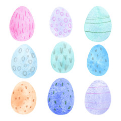 Set of bright and cute watercolor easter eggs
