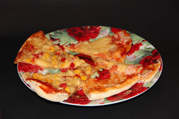 Slices of fresh appetizing pizza with delicious ingredients on colorful plate.