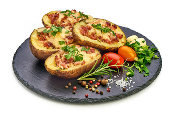 Baked potatoes stuffed with cheese and bacon, Homemade food, close-up, isolated on white background