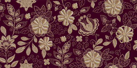 Embroidery seamless pattern with beautiful flowers. Vector handmade floral ornament on dark background. Embroidery for fashion products. Elegant tiled design, best for print fabric or papper and more. - 253147868