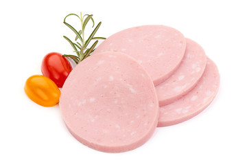 Sliced Fresh Boiled Bologna Sausage, Cooked ham with rosemary and tomatoes, close-up, isolated on white background © GSDesign