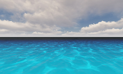 Beautiful tranquil natural vacation seascape with scenic ocean waves in tropical environment, deep clear transparent pure blue water background. A summer travel in paradise, peaceful 3D illustration