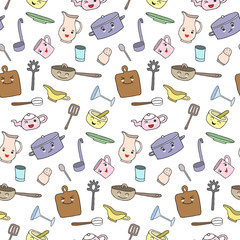 Seamless pattern with cartoon kitchen tools.