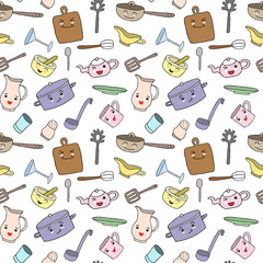 Seamless pattern with cartoon kitchen tools.