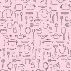 Seamless pattern with cartoon kitchen tools.