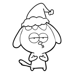 line drawing of a bored dog wearing santa hat