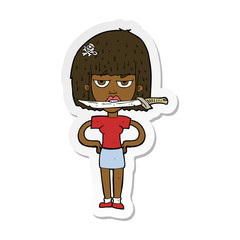 sticker of a cartoon woman with knife between teeth