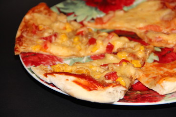 Slices of fresh appetizing pizza with delicious ingredients on colorful plate.