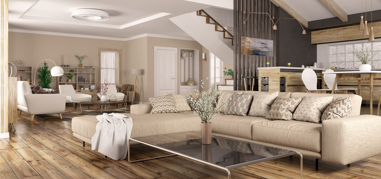 Fototapeta Interior of modern home panorama 3d rendering
