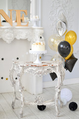 Cake for children birthday. Decorations for holiday party. 