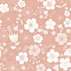 Scandinavian leaf and flowers pattern vector. Illustration. Pink background