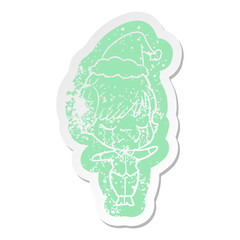 cartoon distressed sticker of a woman crying wearing santa hat