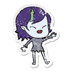 distressed sticker of a cartoon laughing vampire girl