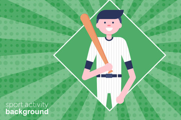 Vector Illustration. Baseball cartoon character in flat style. Baseball player with willow. Retro style. Background