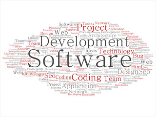 Vector concept or conceptual software development project coding technology abstract word cloud isolated background. Collage of application web design, seo ideas, implementation, testing upgrade text