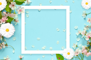 Beautiful spring nature background with lovely blossom, petal a on turquoise blue background , top view, frame. Springtime concept. - 253151865