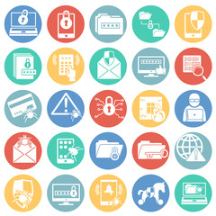 Cyber security icons set on color circles white background for graphic and web design. Simple vector sign. Internet concept symbol for website button or mobile app.