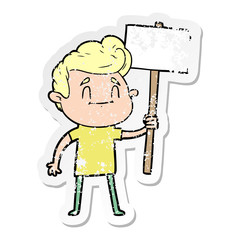 distressed sticker of a happy cartoon man with sign