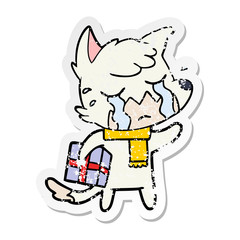 distressed sticker of a crying christmas fox cartoon