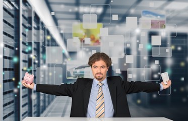 Businessman holding laptop and touching icons on background