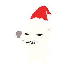 angry polar bear flat color illustration of a wearing santa hat