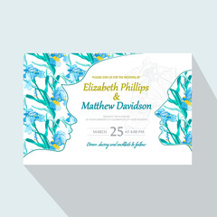 Wedding invitation card with abstract background of iris flowers and stylized face of women and men