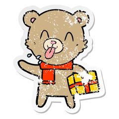distressed sticker of a rude cartoon bear with present