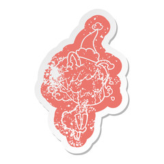 cartoon distressed sticker of a crying alien girl wearing santa hat