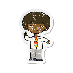 retro distressed sticker of a cartoon school boy answering question