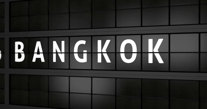 3D generated animation 4K, Analogue airport billboard with flight information, arrival city of Bangkok