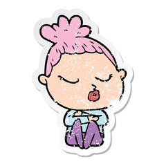 distressed sticker of a cartoon calm woman