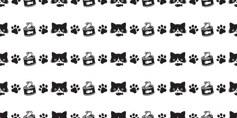 cat seamless pattern vector paw kitten food calico fish repeat wallpaper scarf isolated cartoon tile background doodle illustration black