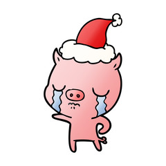 gradient cartoon of a pig crying wearing santa hat