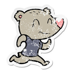distressed sticker of a healthy runnning bear cartoon