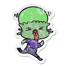 distressed sticker of a weird cartoon alien