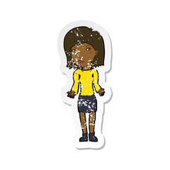 retro distressed sticker of a cartoon woman shrugging shoulders