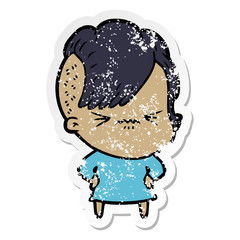 distressed sticker of a cartoon annoyed hipster girl