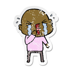distressed sticker of a cartoon crying bald man