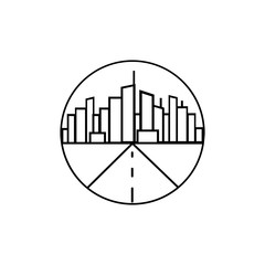 City sign. Road to city sign in a circle.