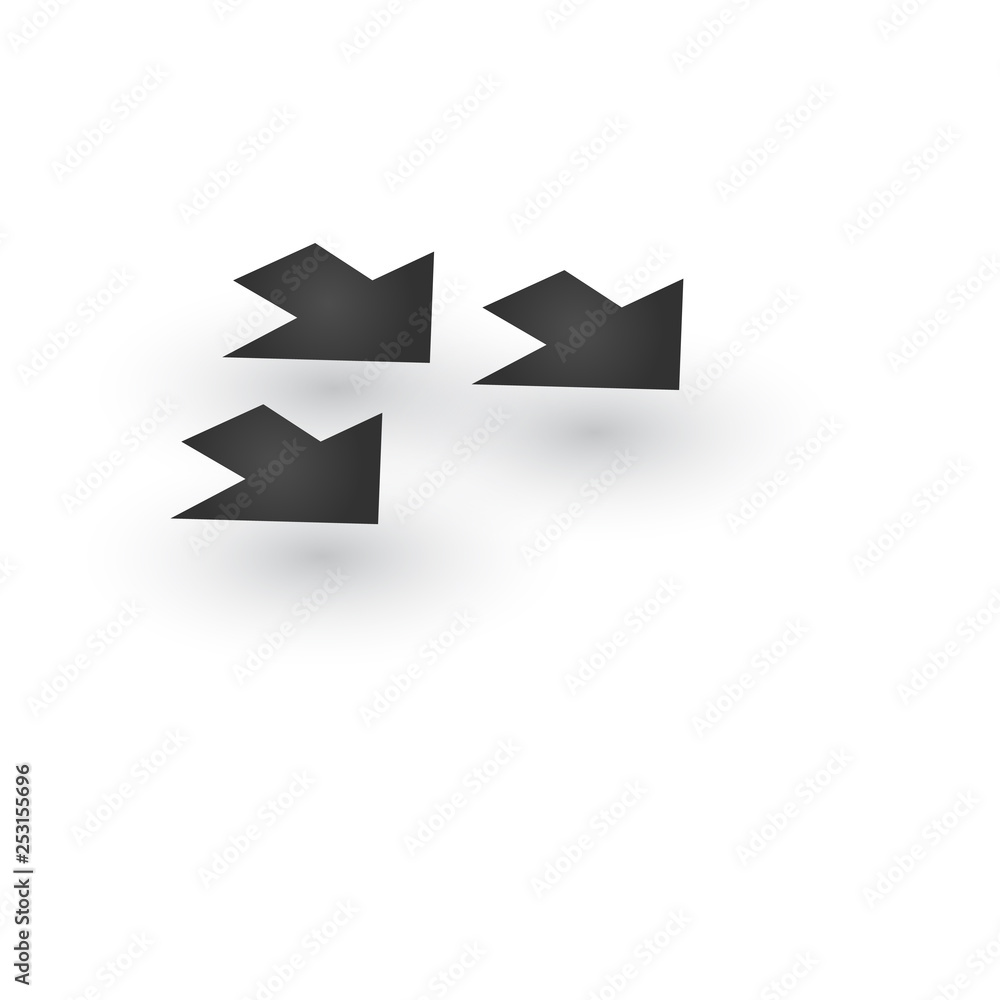Poster three directional wide dashed atack arrows icon with shadow. shows shift or direction of movable obj