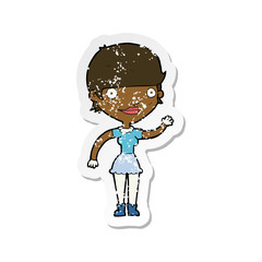 retro distressed sticker of a cartoon woman with idea