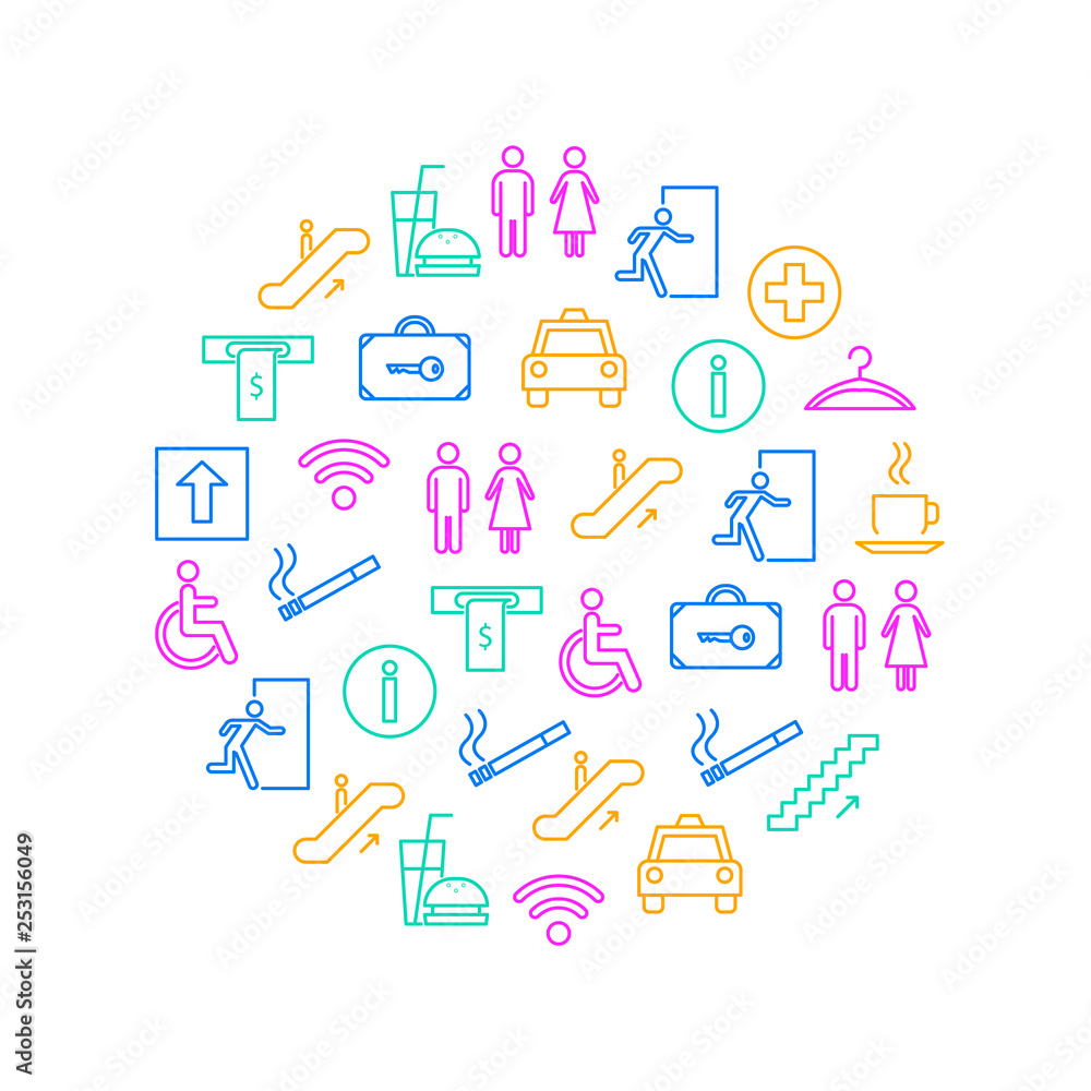 Poster public navigation signs thin line round design template ad. vector