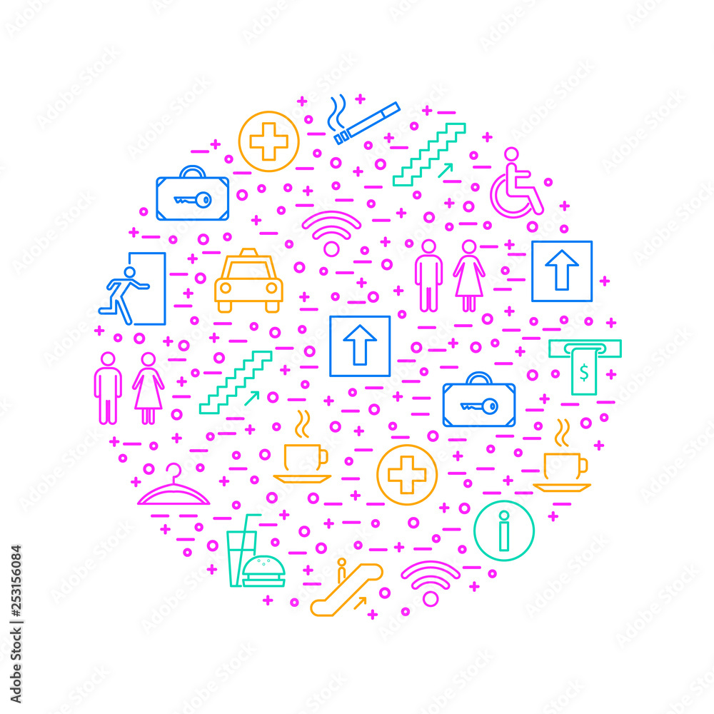 Poster public navigation signs thin line round design template. vector