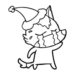 line drawing of a crying wolf wearing santa hat