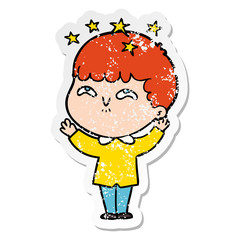 distressed sticker of a cartoon amazed boy