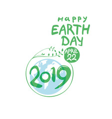 Concept 2019 Happy Earth Day. April 22. Earth Day poster. Round green vector template earth ball with hand drawn lettering isolated on white background.