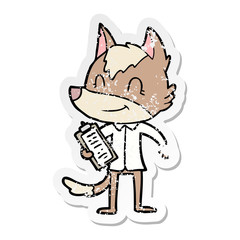 distressed sticker of a friendly cartoon wolf boss